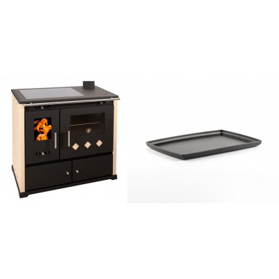 Set Küchenofen / Küchenhexe Prometey Practik Lux mit Cerankochfeld, Rauchabzug rechts, elfenbein, 9.5kW + Rechteckige Servierplatte aus Gusseisen Solagio, 21x31cm - Kaminofen - Holzofen mit Backfach