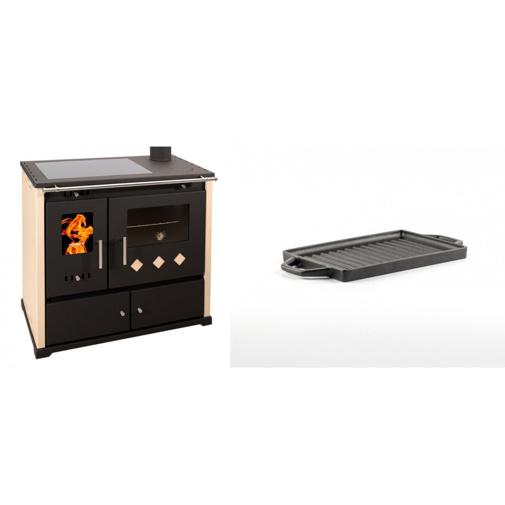 Set Küchenofen / Küchenhexe Prometey Practik Lux mit Cerankochfeld, Rauchabzug rechts, elfenbein, 9.5kW + Mini-Grillplatte aus Gusseisen Solagio, 15.5x22.5cm