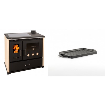 Set Küchenofen / Küchenhexe Prometey Practik Lux mit Cerankochfeld, Rauchabzug rechts, elfenbein, 9.5kW + Mini-Grillplatte aus Gusseisen Solagio, 15.5x22.5cm - Kaminofen - Holzofen mit Backfach