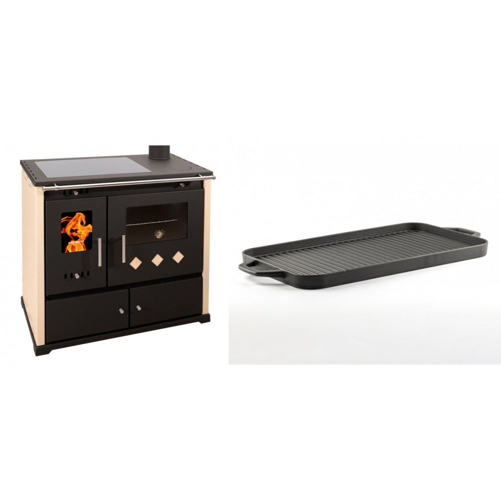 Set Küchenofen / Küchenhexe Prometey Practik Lux mit Cerankochfeld, Rauchabzug rechts, elfenbein, 9.5kW + Große Grillplatte aus Gusseisen Solagio, 25x44cm | Kaminofen - Holzofen mit Backfach | Kaminofen |