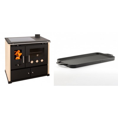 Set Küchenofen / Küchenhexe Prometey Practik Lux mit Cerankochfeld, Rauchabzug rechts, elfenbein, 9.5kW + Große Grillplatte aus Gusseisen Solagio, 25x44cm - Kaminofen - Holzofen mit Backfach