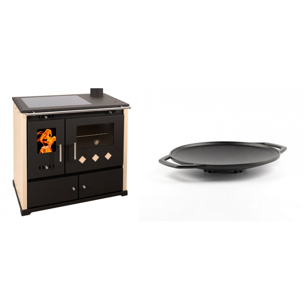 Set Küchenofen / Küchenhexe Prometey Practik Lux mit Cerankochfeld, Rauchabzug rechts, elfenbein, 9.5kW + Backplatte aus Gusseisen Solagio, Ф28cm | Kaminofen - Holzofen mit Backfach | Kaminofen |