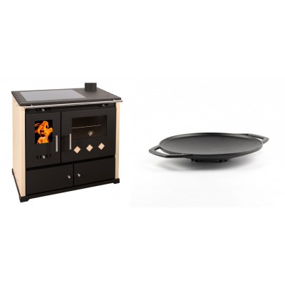 Set Küchenofen / Küchenhexe Prometey Practik Lux mit Cerankochfeld, Rauchabzug rechts, elfenbein, 9.5kW + Backplatte aus Gusseisen Solagio, Ф28cm - Kaminofen - Holzofen mit Backfach