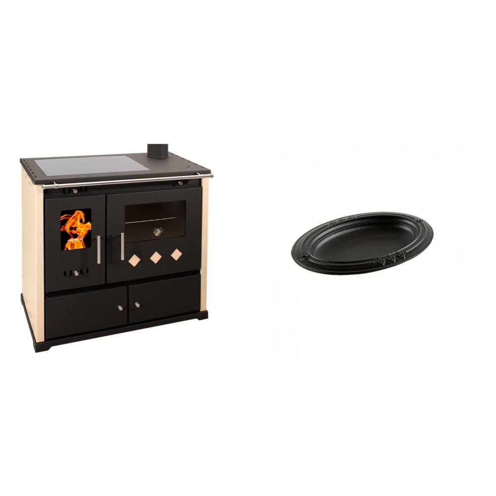 Set Küchenofen / Küchenhexe Prometey Practik Lux mit Cerankochfeld, Rauchabzug rechts, elfenbein, 9.5kW + Gusseiserne auflaufform Solagio oval, 17x28cm