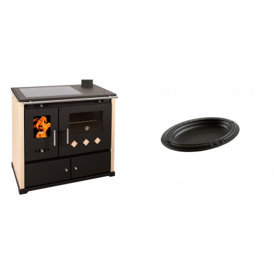 Set Küchenofen / Küchenhexe Prometey Practik Lux mit Cerankochfeld, Rauchabzug rechts, elfenbein, 9.5kW + Gusseiserne auflaufform Solagio oval, 17x28cm - Kaminofen - Holzofen mit Backfach