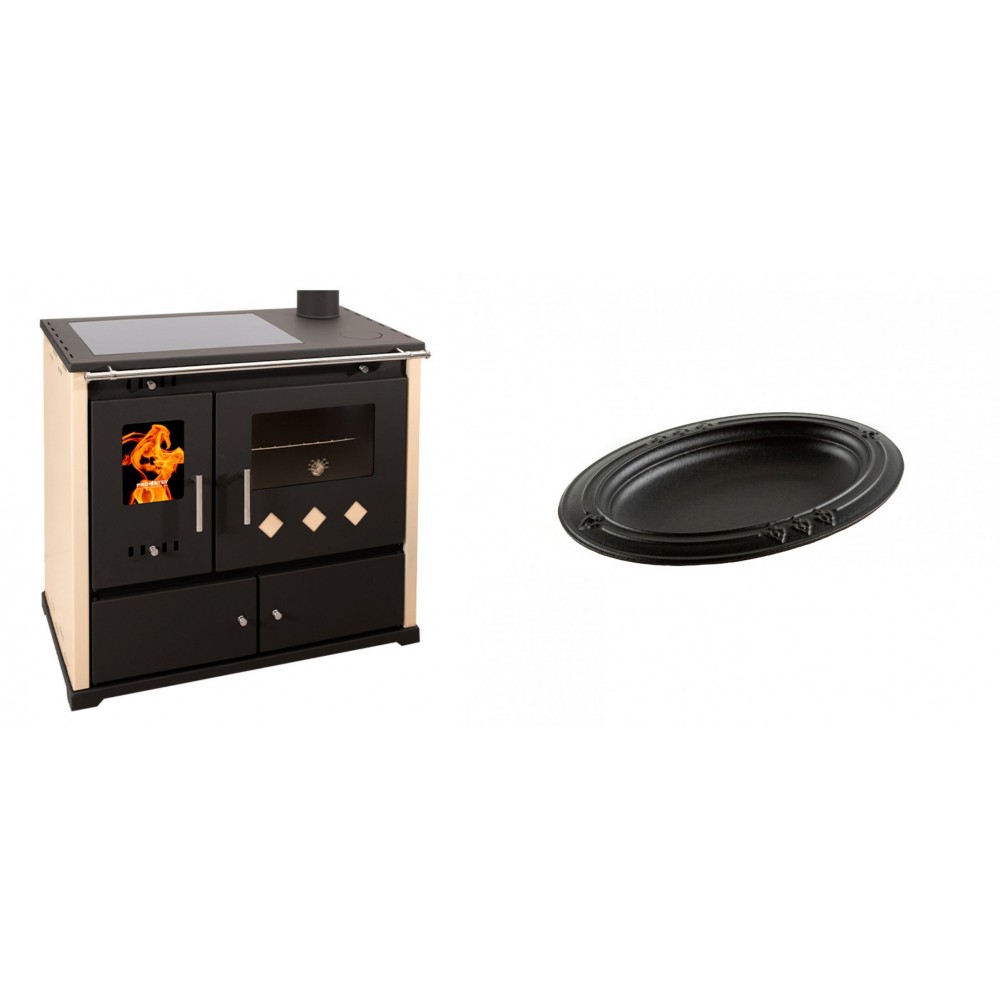 Set Küchenofen / Küchenhexe Prometey Practik Lux mit Cerankochfeld, Rauchabzug rechts, elfenbein, 9.5kW + Gusseiserne auflaufform Solagio oval, 25x33cm