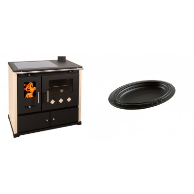 Set Küchenofen / Küchenhexe Prometey Practik Lux mit Cerankochfeld, Rauchabzug rechts, elfenbein, 9.5kW + Gusseiserne auflaufform Solagio oval, 25x33cm - Kaminofen - Holzofen mit Backfach