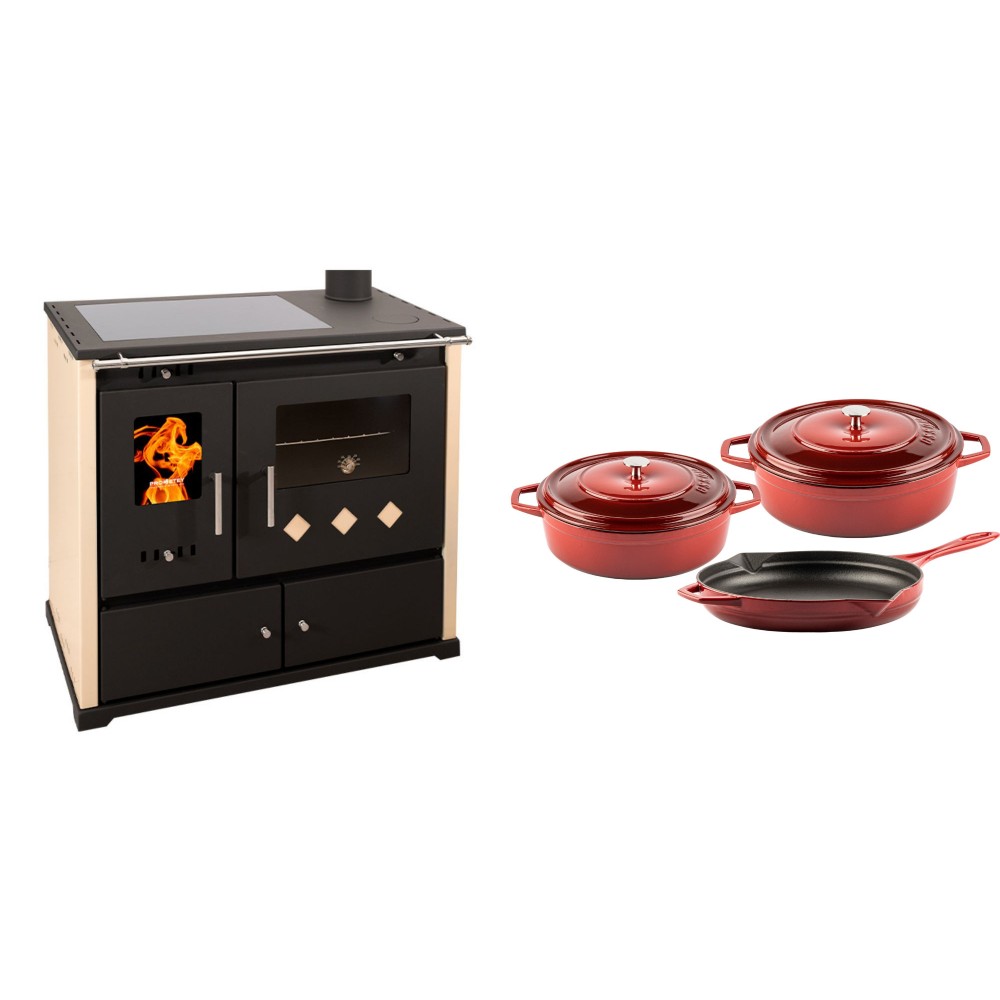 Set Küchenofen / Küchenhexe Prometey Practik Lux mit Cerankochfeld, Rauchabzug rechts, elfenbein, 9.5kW + Gusseisen Topf Set aus 3 teilen Solagio, Rubin | Kaminofen - Holzofen mit Backfach | Kaminofen |