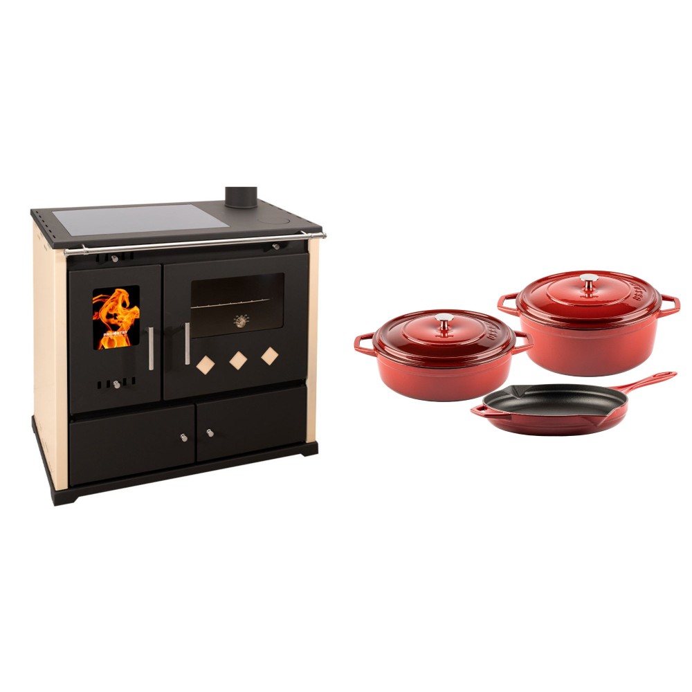 Set Küchenofen / Küchenhexe Prometey Practik Lux mit Cerankochfeld, Rauchabzug rechts, elfenbein, 9.5kW + Gusseisen Topf Set aus 3 teilen Solagio, Rubin | Kaminofen - Holzofen mit Backfach | Kaminofen |