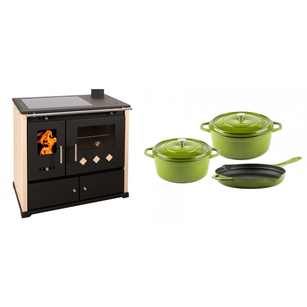 Set Küchenofen / Küchenhexe Prometey Practik Lux mit Cerankochfeld, Rauchabzug rechts, elfenbein, 9.5kW + Gusseisen Topf Set aus 3 teilen Solagio, Bamboo | Kaminofen - Holzofen mit Backfach | Kaminofen |