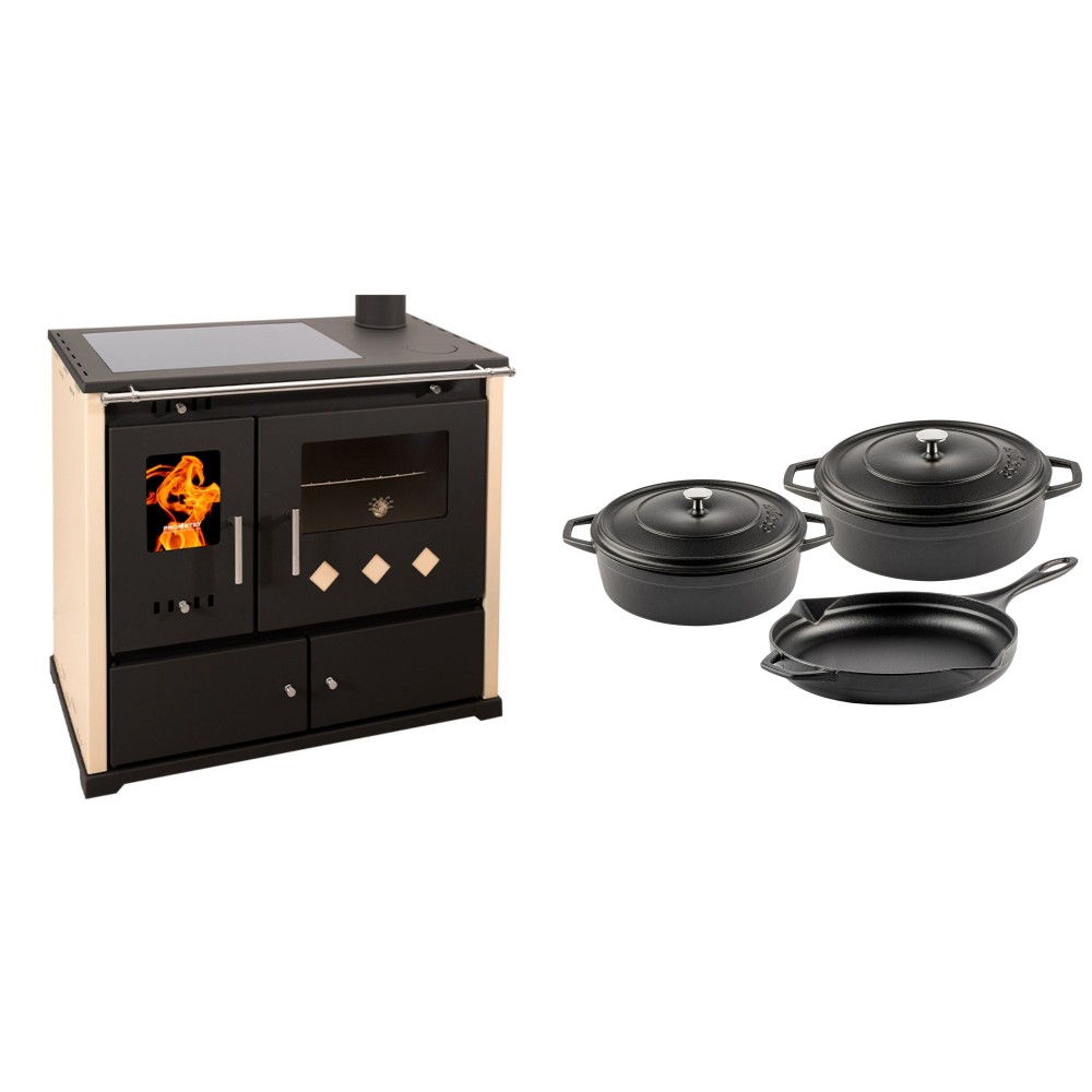 Set Küchenofen / Küchenhexe Prometey Practik Lux mit Cerankochfeld, Rauchabzug rechts, elfenbein, 9.5kW + Gusseisen Topf Set aus 3 teilen Solagio, Black Onyx