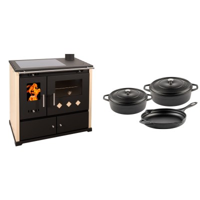 Set Küchenofen / Küchenhexe Prometey Practik Lux mit Cerankochfeld, Rauchabzug rechts, elfenbein, 9.5kW + Gusseisen Topf Set aus 3 teilen Solagio, Black Onyx - Kaminofen - Holzofen mit Backfach