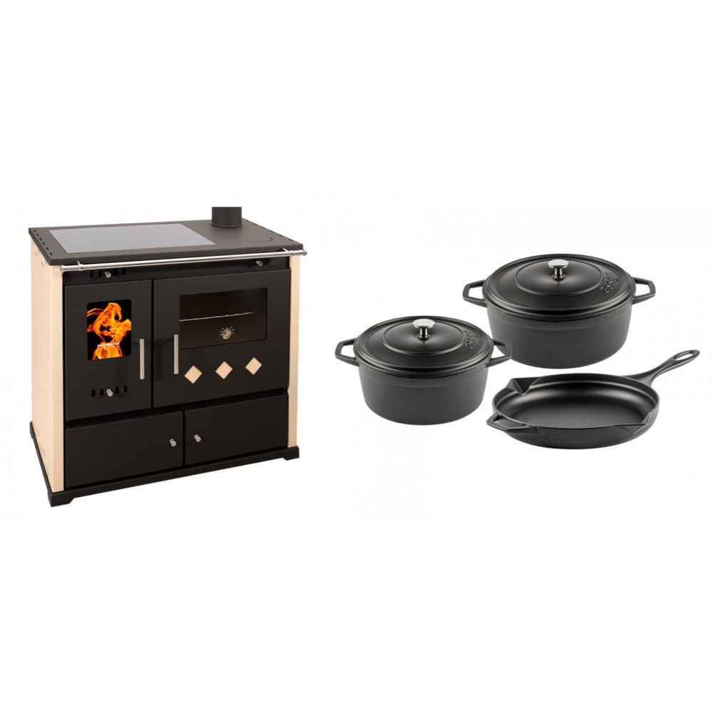 Set Küchenofen / Küchenhexe Prometey Practik Lux mit Cerankochfeld, Rauchabzug rechts, elfenbein, 9.5kW + Gusseisen Topf Set aus 3 teilen Solagio, Black Onyx