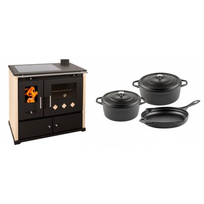 Set Küchenofen / Küchenhexe Prometey Practik Lux mit Cerankochfeld, Rauchabzug rechts, elfenbein, 9.5kW + Gusseisen Topf Set aus 3 teilen Solagio, Black Onyx - Kaminofen - Holzofen mit Backfach