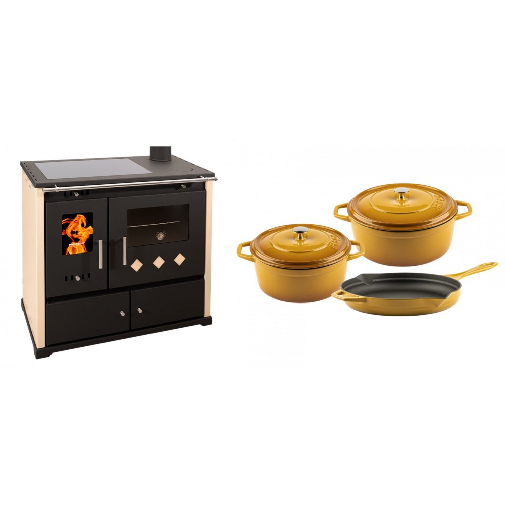 Set Küchenofen / Küchenhexe Prometey Practik Lux mit Cerankochfeld, Rauchabzug rechts, elfenbein, 9.5kW + Gusseisen Topf Set aus 3 teilen Solagio, Dijon