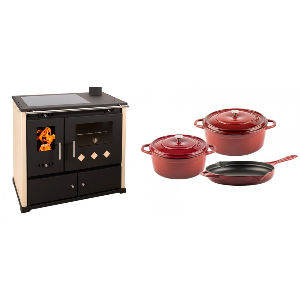 Set Küchenofen / Küchenhexe Prometey Practik Lux mit Cerankochfeld, Rauchabzug rechts, elfenbein, 9.5kW + Gusseisen Topf Set aus 3 teilen Solagio, Rubin