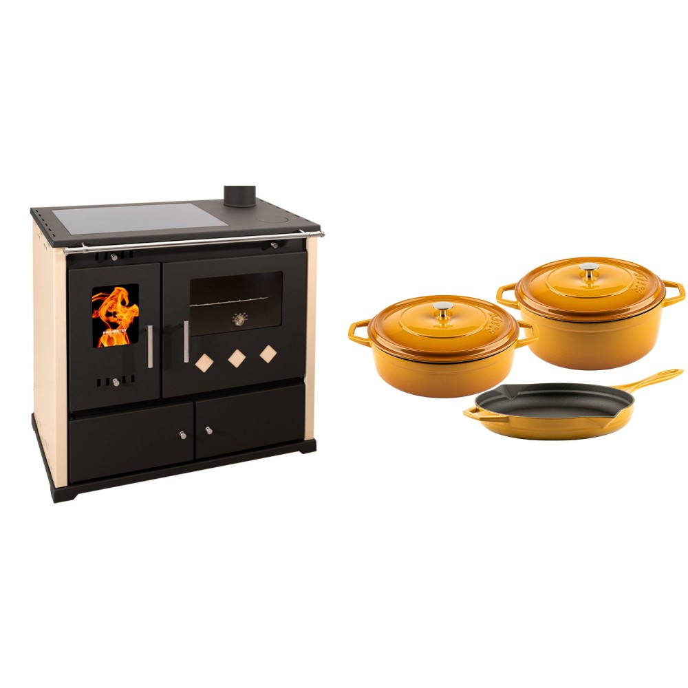 Set Küchenofen / Küchenhexe Prometey Practik Lux mit Cerankochfeld, Rauchabzug rechts, elfenbein, 9.5kW + Gusseisen Topf Set aus 3 teilen Solagio, Dijon