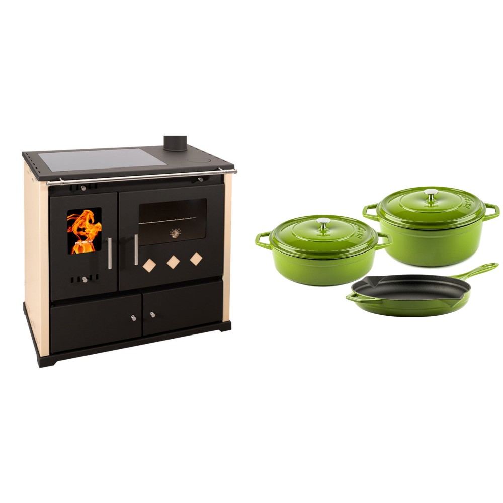 Set Küchenofen / Küchenhexe Prometey Practik Lux mit Cerankochfeld, Rauchabzug rechts, elfenbein, 9.5kW + Gusseisen Topf Set aus 3 teilen Solagio, Bamboo | Kaminofen - Holzofen mit Backfach | Kaminofen |