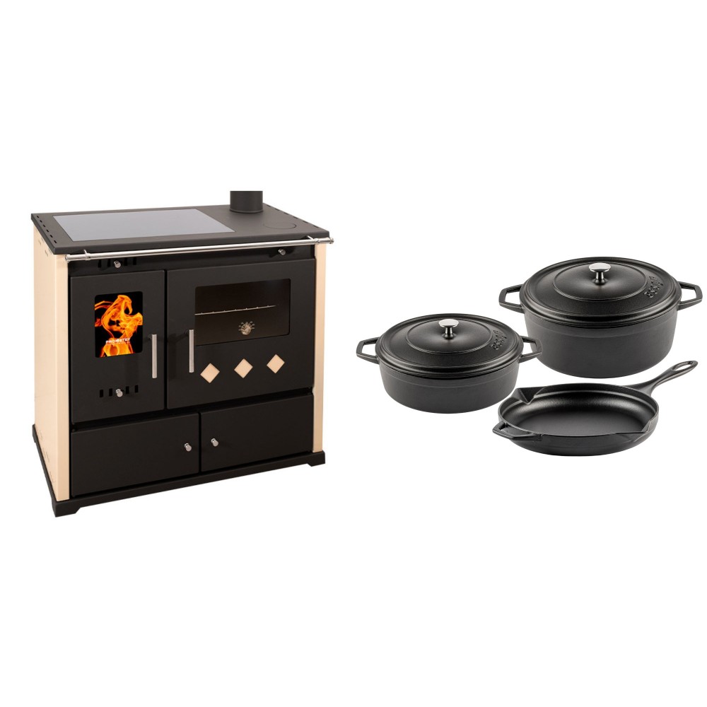 Set Küchenofen / Küchenhexe Prometey Practik Lux mit Cerankochfeld, Rauchabzug rechts, elfenbein, 9.5kW + Gusseisen Topf Set aus 3 teilen Solagio, Black Onyx | Kaminofen - Holzofen mit Backfach | Kaminofen |