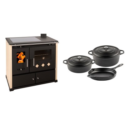 Set Küchenofen / Küchenhexe Prometey Practik Lux mit Cerankochfeld, Rauchabzug rechts, elfenbein, 9.5kW + Gusseisen Topf Set aus 3 teilen Solagio, Black Onyx - Kaminofen - Holzofen mit Backfach