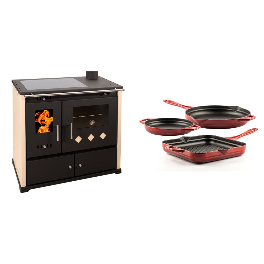 Set Küchenofen / Küchenhexe Prometey Practik Lux mit Cerankochfeld, Rauchabzug rechts, elfenbein, 9.5kW + Gusseisen Topf Set aus 3 teilen Solagio, Rubin