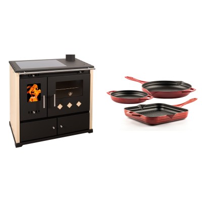 Set Küchenofen / Küchenhexe Prometey Practik Lux mit Cerankochfeld, Rauchabzug rechts, elfenbein, 9.5kW + Gusseisen Topf Set aus 3 teilen Solagio, Rubin - Kaminofen - Holzofen mit Backfach