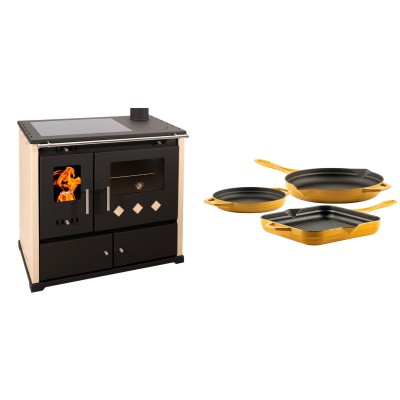 Set Küchenofen / Küchenhexe Prometey Practik Lux mit Cerankochfeld, Rauchabzug rechts, elfenbein, 9.5kW + Gusseisen Topf Set aus 3 teilen Solagio, Dijon - Kaminofen - Holzofen mit Backfach