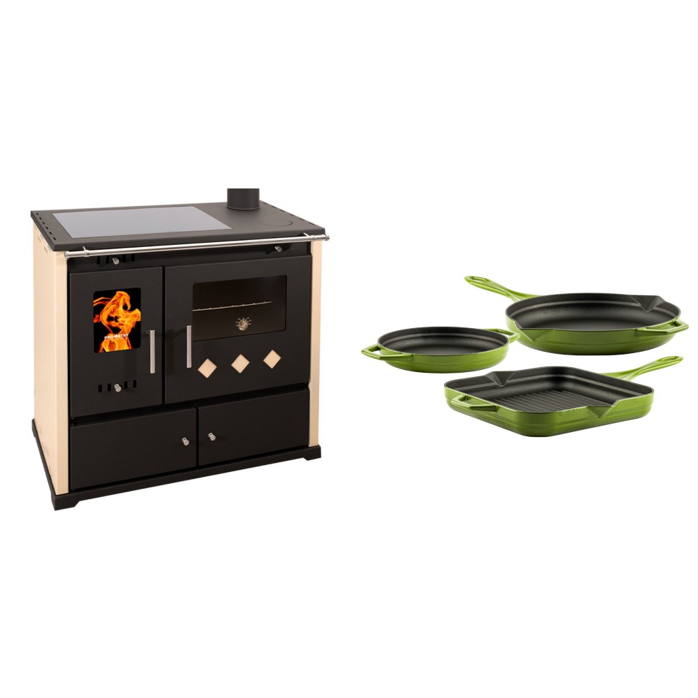 Set Küchenofen / Küchenhexe Prometey Practik Lux mit Cerankochfeld, Rauchabzug rechts, elfenbein, 9.5kW + Gusseisen Topf Set aus 3 teilen Solagio, Bamboo
