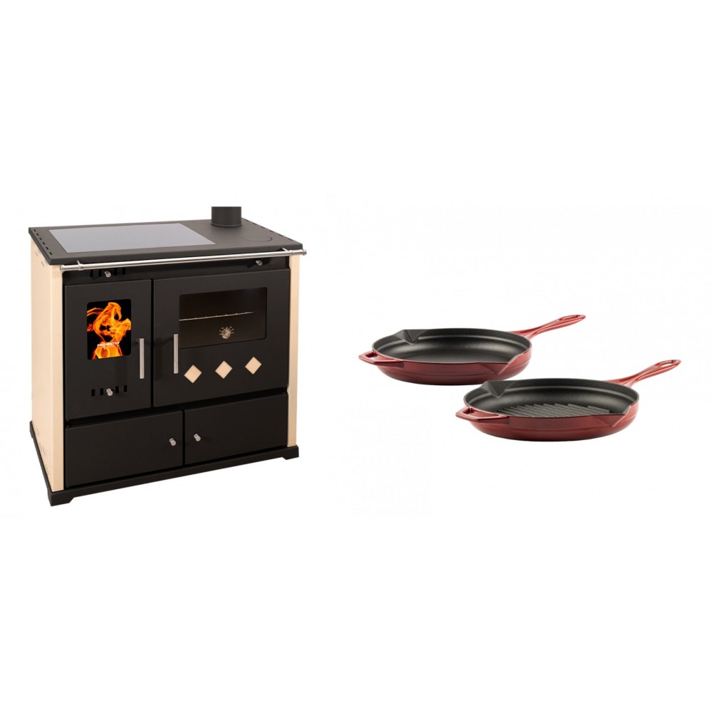 Set Küchenofen / Küchenhexe Prometey Practik Lux mit Cerankochfeld, Rauchabzug rechts, elfenbein, 9.5kW + Gusseisen Topf Set aus 2 teilen Solagio, Rubin