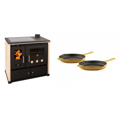 Set Küchenofen / Küchenhexe Prometey Practik Lux mit Cerankochfeld, Rauchabzug rechts, elfenbein, 9.5kW + Gusseisen Topf Set aus 2 teilen Solagio, Dijon - Kaminofen - Holzofen mit Backfach