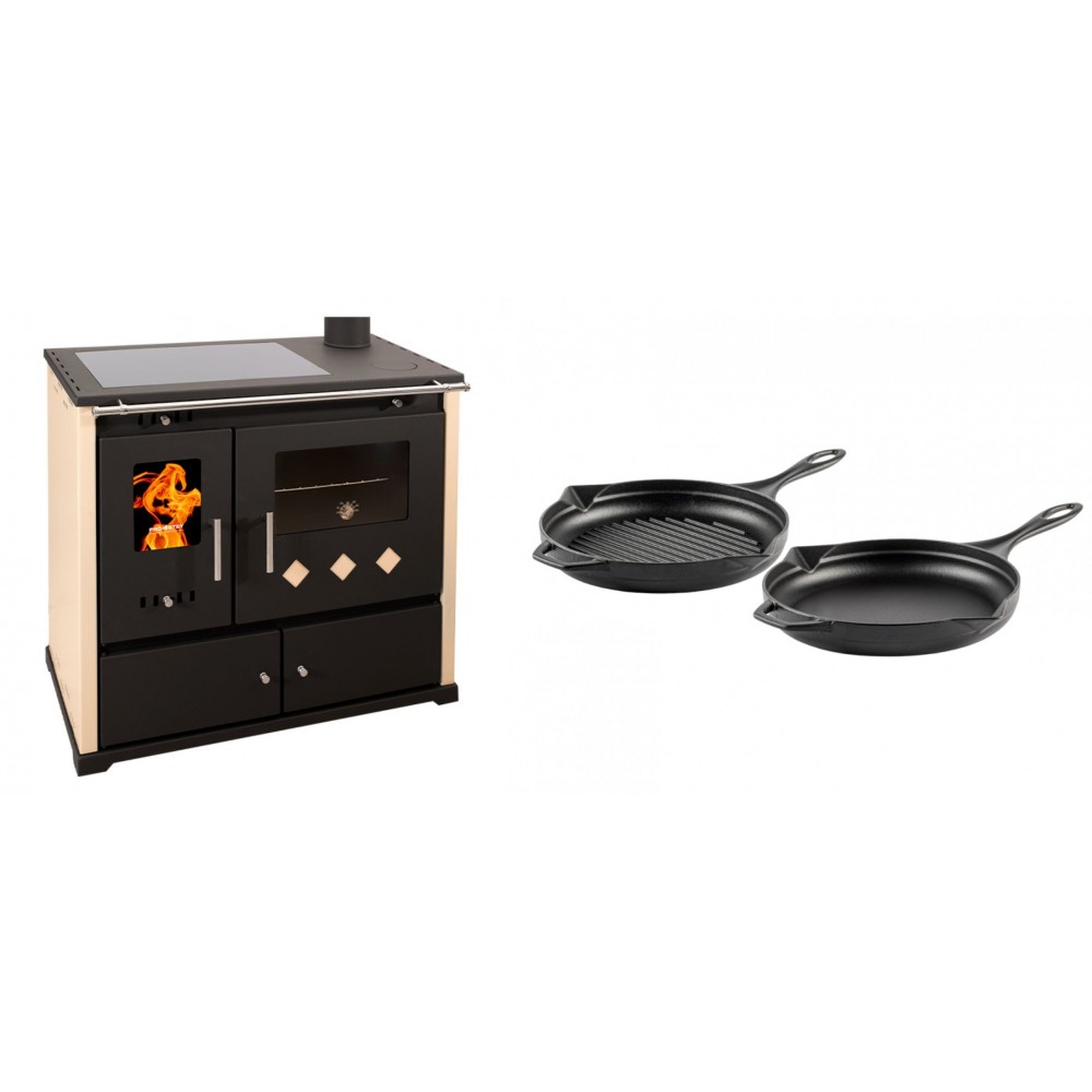 Set Küchenofen / Küchenhexe Prometey Practik Lux mit Cerankochfeld, Rauchabzug rechts, elfenbein, 9.5kW + Gusseisen Topf Set aus 2 teilen Solagio, Black Onyx