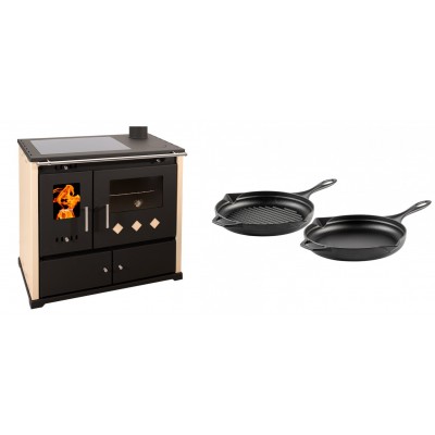 Set Küchenofen / Küchenhexe Prometey Practik Lux mit Cerankochfeld, Rauchabzug rechts, elfenbein, 9.5kW + Gusseisen Topf Set aus 2 teilen Solagio, Black Onyx - Kaminofen - Holzofen mit Backfach