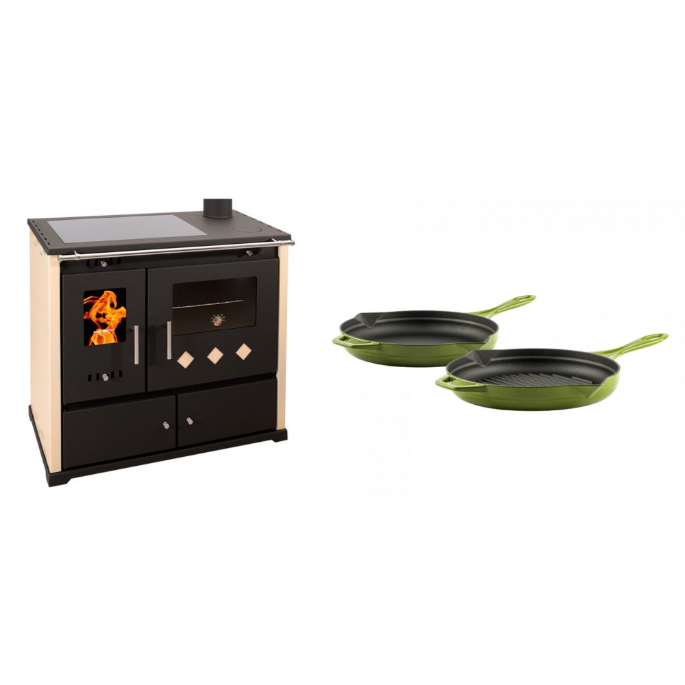 Set Küchenofen / Küchenhexe Prometey Practik Lux mit Cerankochfeld, Rauchabzug rechts, elfenbein, 9.5kW + Gusseisen Topf Set aus 2 teilen Solagio, Bamboo | Kaminofen - Holzofen mit Backfach | Kaminofen |