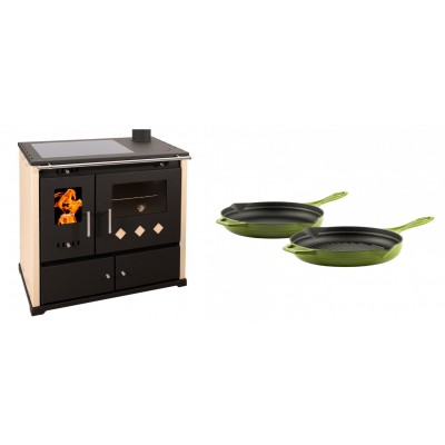 Set Küchenofen / Küchenhexe Prometey Practik Lux mit Cerankochfeld, Rauchabzug rechts, elfenbein, 9.5kW + Gusseisen Topf Set aus 2 teilen Solagio, Bamboo - Kaminofen - Holzofen mit Backfach