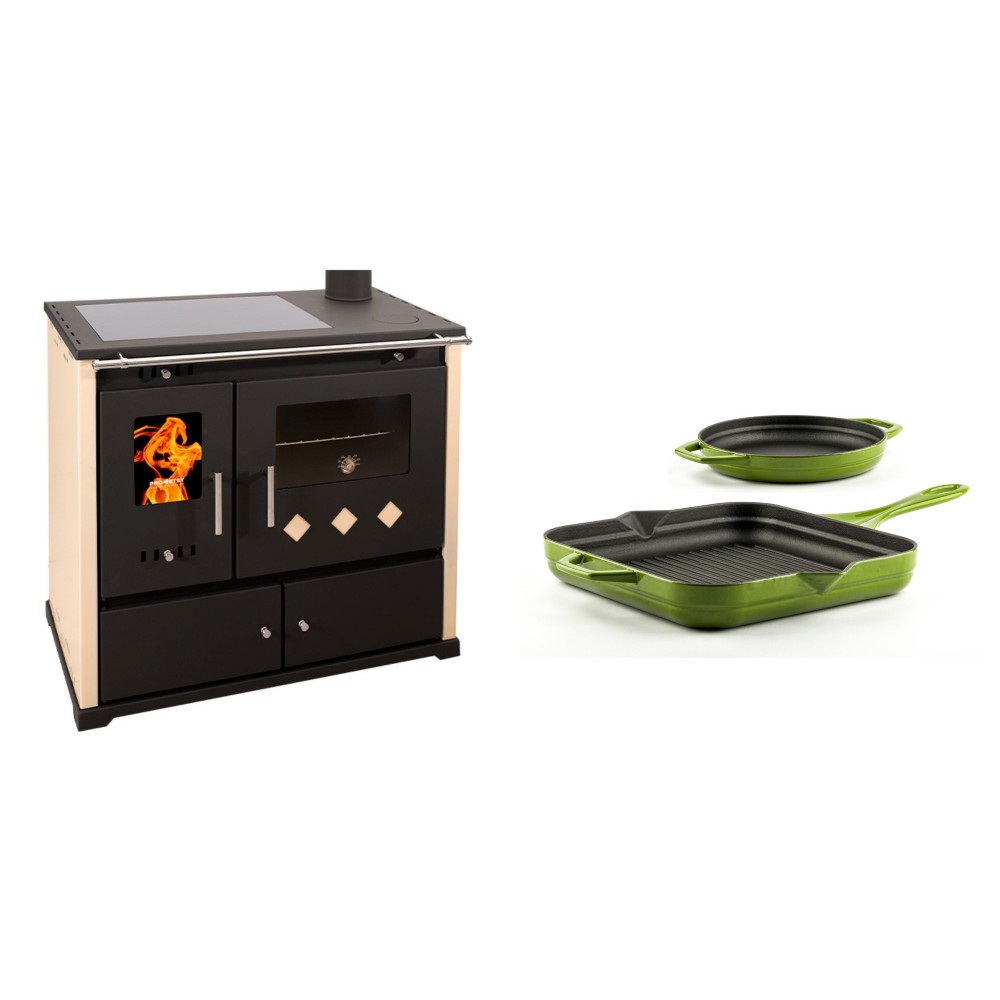 Set Küchenofen / Küchenhexe Prometey Practik Lux mit Cerankochfeld, Rauchabzug rechts, elfenbein, 9.5kW + Gusseisen Topf Set aus 2 teilen Solagio, Bamboo | Kaminofen - Holzofen mit Backfach | Kaminofen |