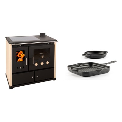 Set Küchenofen / Küchenhexe Prometey Practik Lux mit Cerankochfeld, Rauchabzug rechts, elfenbein, 9.5kW + Gusseisen Topf Set aus 2 teilen Solagio, Black Onyx - Kaminofen - Holzofen mit Backfach