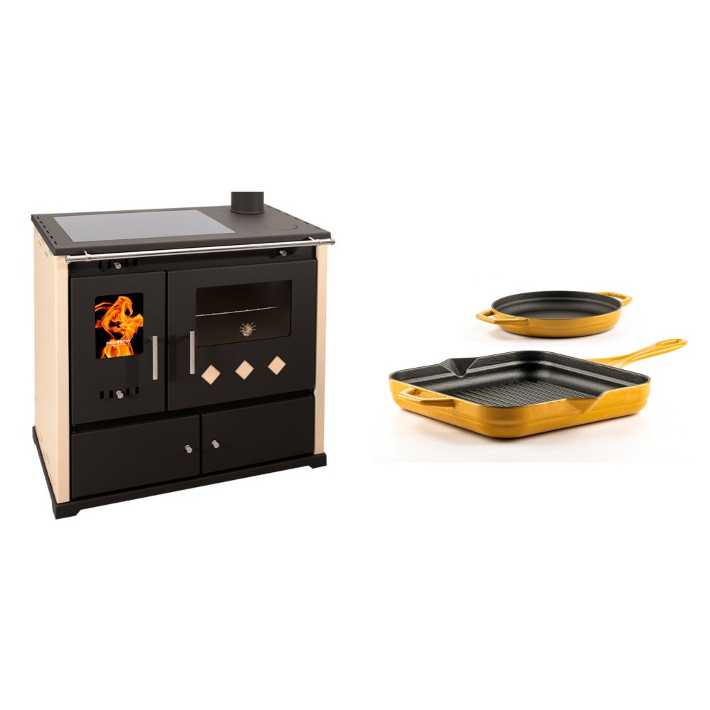 Set Küchenofen / Küchenhexe Prometey Practik Lux mit Cerankochfeld, Rauchabzug rechts, elfenbein, 9.5kW + Gusseisen Topf Set aus 2 teilen Solagio, Dijon