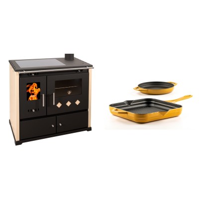 Set Küchenofen / Küchenhexe Prometey Practik Lux mit Cerankochfeld, Rauchabzug rechts, elfenbein, 9.5kW + Gusseisen Topf Set aus 2 teilen Solagio, Dijon - Kaminofen - Holzofen mit Backfach