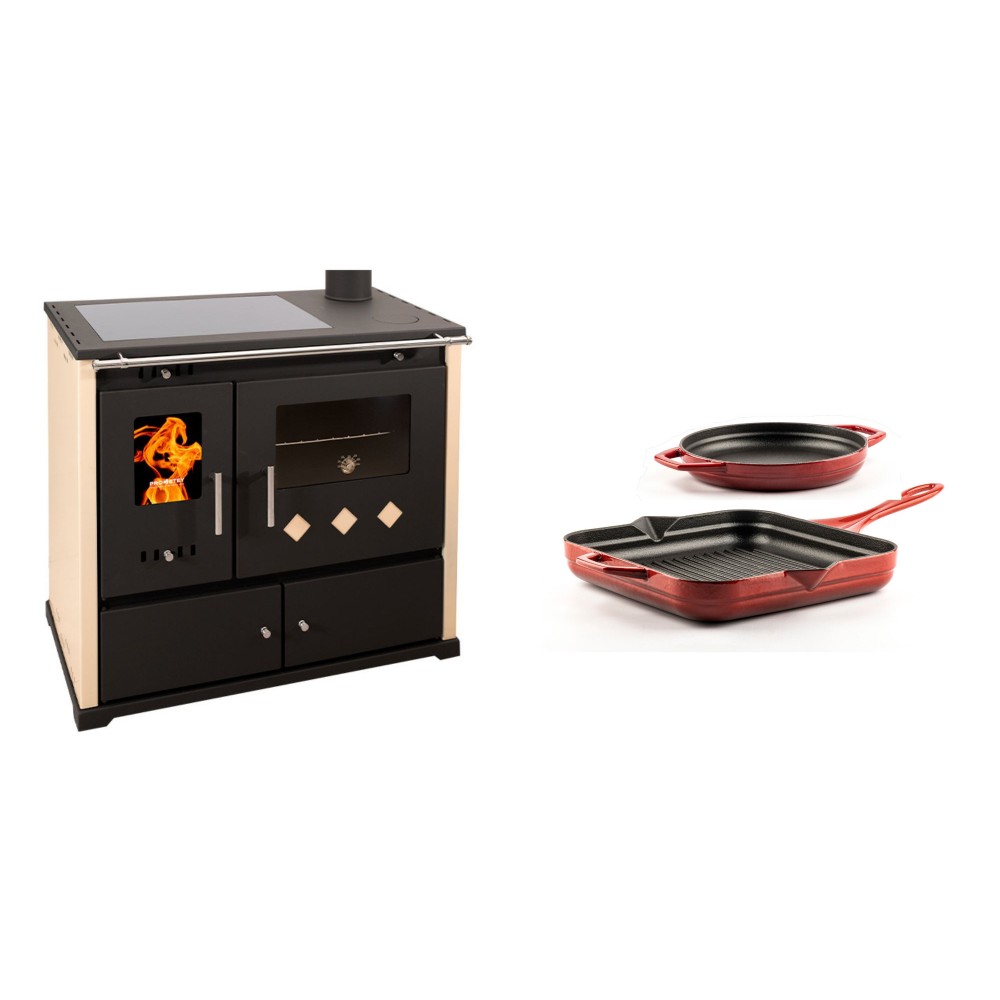 Set Küchenofen / Küchenhexe Prometey Practik Lux mit Cerankochfeld, Rauchabzug rechts, elfenbein, 9.5kW + Gusseisen Topf Set aus 2 teilen Solagio, Rubin | Kaminofen - Holzofen mit Backfach | Kaminofen |