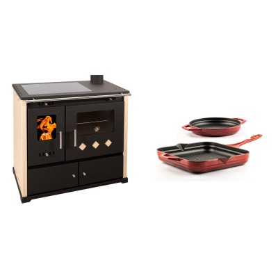 Set Küchenofen / Küchenhexe Prometey Practik Lux mit Cerankochfeld, Rauchabzug rechts, elfenbein, 9.5kW + Gusseisen Topf Set aus 2 teilen Solagio, Rubin - Kaminofen - Holzofen mit Backfach