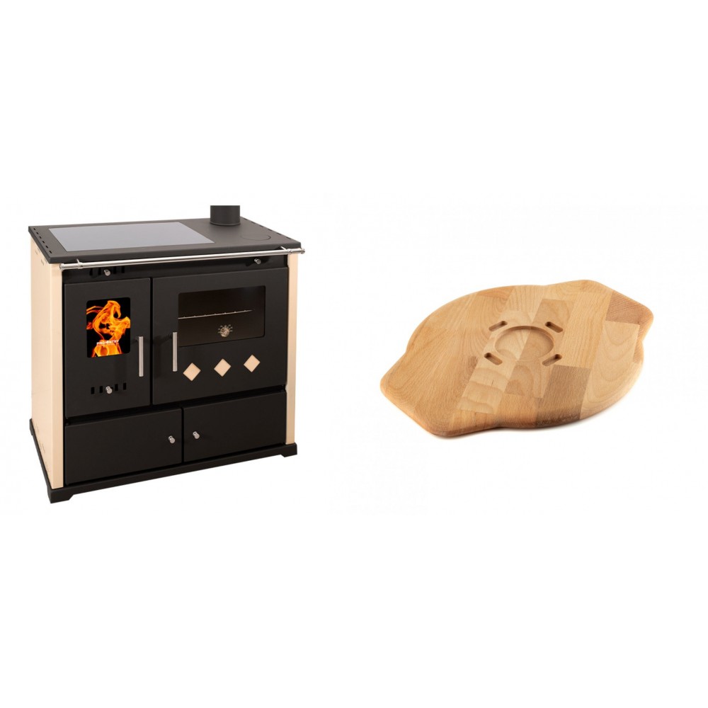 Set Küchenofen / Küchenhexe Prometey Practik Lux mit Cerankochfeld, Rauchabzug rechts, elfenbein, 9.5kW + Holz untersetzer für Gusseisenplatte Solagio HSYSAK28