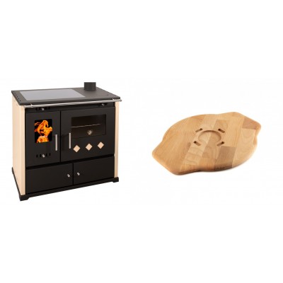 Set Küchenofen / Küchenhexe Prometey Practik Lux mit Cerankochfeld, Rauchabzug rechts, elfenbein, 9.5kW + Holz untersetzer für Gusseisenplatte Solagio HSYSAK28 - Kaminofen - Holzofen mit Backfach
