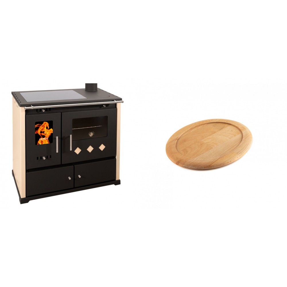 Set Küchenofen / Küchenhexe Prometey Practik Lux mit Cerankochfeld, Rauchabzug rechts, elfenbein, 9.5kW + Holz untersetzer für ovale gusseisenpfanne Solagio HSFT1825 | Kaminofen - Holzofen mit Backfach | Kaminofen |