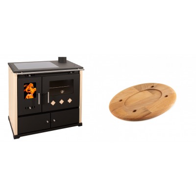 Set Küchenofen / Küchenhexe Prometey Practik Lux mit Cerankochfeld, Rauchabzug rechts, elfenbein, 9.5kW + Holz untersetzer für ovale platte Solagio HSOISK1728, 17x28cm - Kaminofen - Holzofen mit Backfach