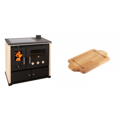 Set Küchenofen / Küchenhexe Prometey Practik Lux mit Cerankochfeld, Rauchabzug rechts, elfenbein, 9.5kW + Holz untersetzer für mini-gusseisenplatte Solagio HSDDHP1522 - Kaminofen - Holzofen mit Backfach