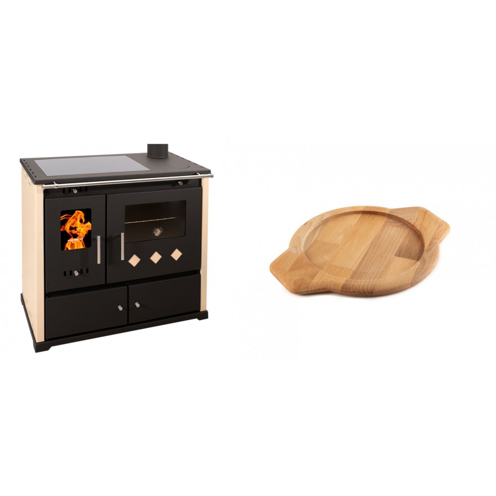 Set Küchenofen / Küchenhexe Prometey Practik Lux mit Cerankochfeld, Rauchabzug rechts, elfenbein, 9.5kW + Holz untersetzer für gusseisenschüssel Solagio HSYKTV22