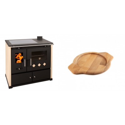 Set Küchenofen / Küchenhexe Prometey Practik Lux mit Cerankochfeld, Rauchabzug rechts, elfenbein, 9.5kW + Holz untersetzer für gusseisenschüssel Solagio HSYKTV22 - Kaminofen - Holzofen mit Backfach