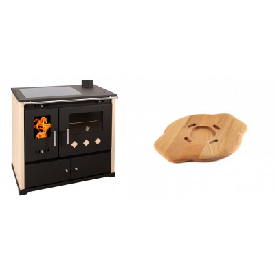 Set Küchenofen / Küchenhexe Prometey Practik Lux mit Cerankochfeld, Rauchabzug rechts, elfenbein, 9.5kW + Holz untersetzer für gusseisenplatte Solagio HSYSAK20 - Kaminofen - Holzofen mit Backfach