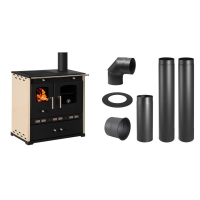 Set Küchenofen / Küchenhexe Prometey Perfect Eco Lux mit rechtem Abzug, Elfenbein, 7.1kW + Schornstein Bausatz PARKANEX, Stahl Ø130, Dicke 2mm - Prometey