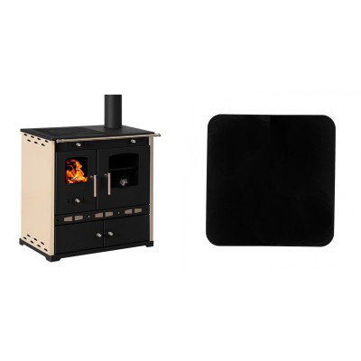 Set Küchenofen / Küchenhexe Prometey Perfect Eco Lux mit rechtem Abzug, Elfenbein, 7.1kW + Funkenschutzplatte Stahl 2mm, Größe 98x98cm - Prometey